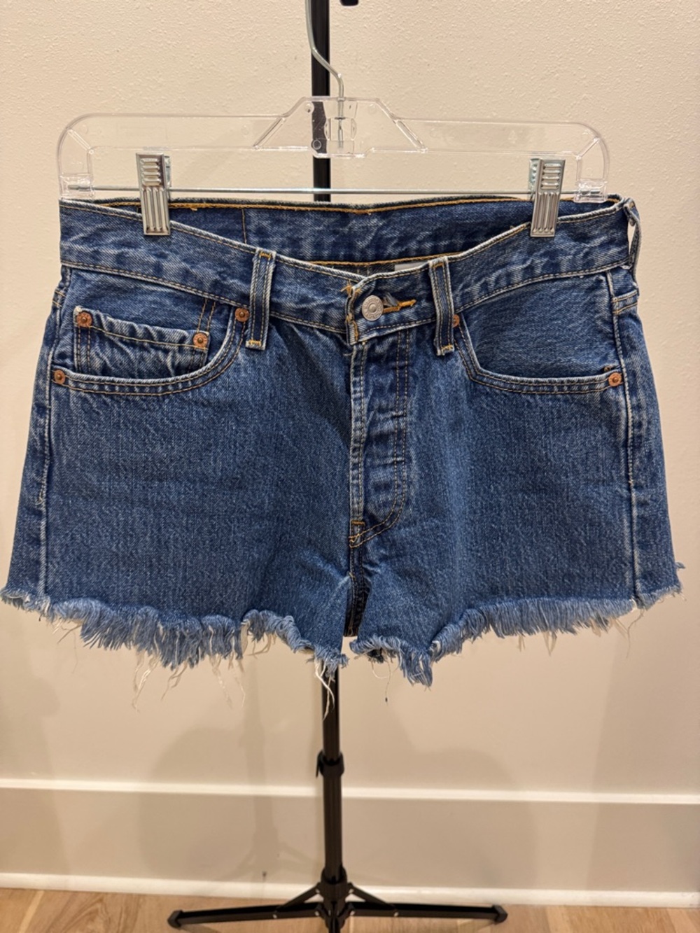 Levi's 501 Dark Blue Distressed Cutoff Denim Shorts